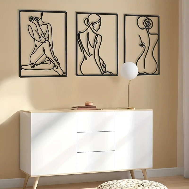 Escultura de pared de Metal abstracto moderno, arte minimalista de Metal Real grueso, decoración del hogar, diseño de una sola línea, Fondo de cruces de pared, 3 piezas