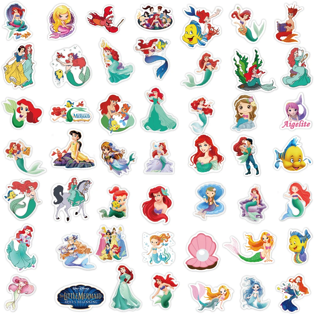 Pegatinas de dibujos animados de Disney para niños, calcomanías de dibujos animados de La Sirenita, princesa Ariel, para ordenador portátil, teléfono, equipaje, grafiti, 10/30/50 piezas