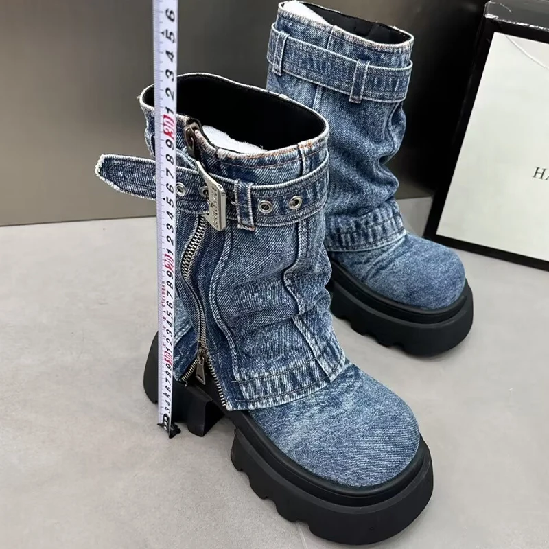 Women Cowboy Mid-calf Boots Zipper Platform Mid Heels Designer Shoes Winter New Motorcycle Boots 2024 Fad Trend Mujer Zapatos