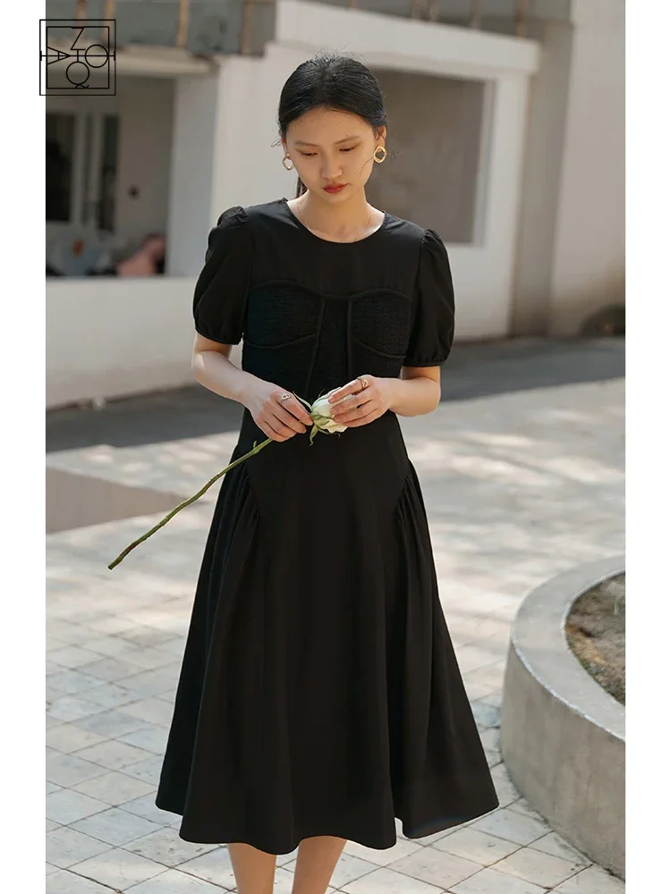 

ZIQIAO Japanese 2022 Summer Texture Embroidered Polo Dress Woman Short Sleeve Black Casual Mid-length Straight Dresses Female