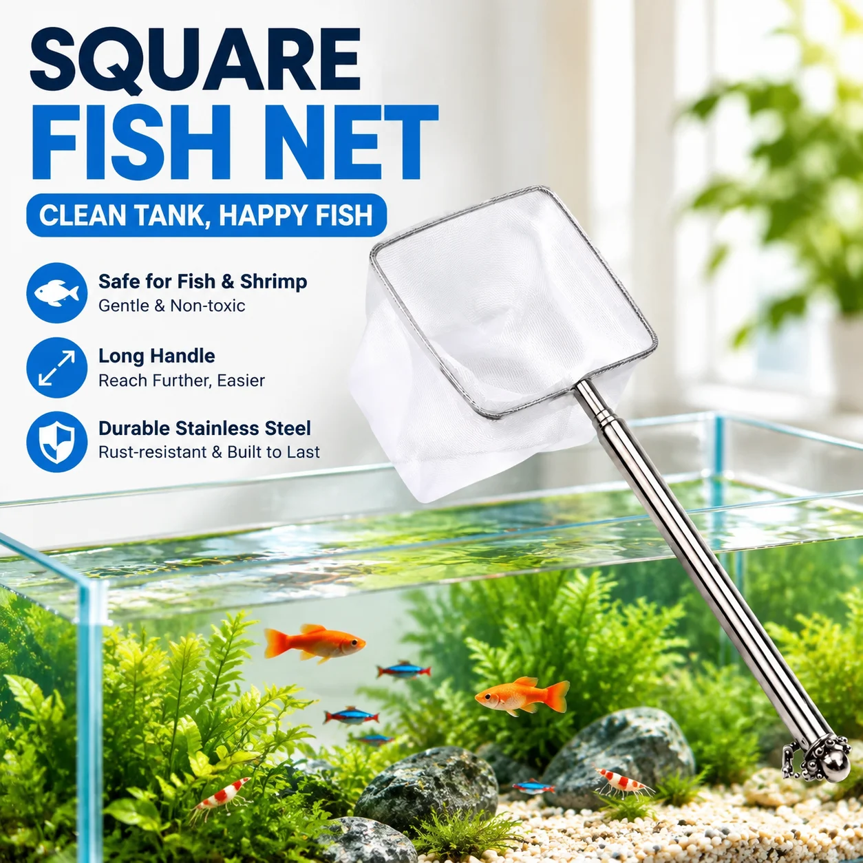 Square Aquarium Fish Net with Suction Cup, Long Extendable Handle, Stainless Steel, Safe for Fish and Shrimp, White