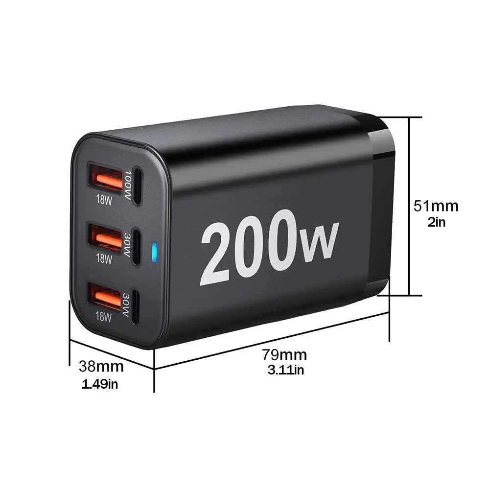 200W 6 Port USB C Fast GaN Charger Multi-function PD Power Charging Adapter