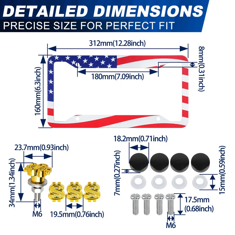 USA Flag US License Plate Holder | License Plate Frame with Gold Dollar Sign Bolt Caps