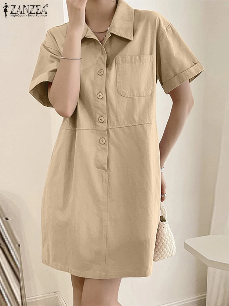 Elegant Solid Shirt Dress 2025 ZANZEA Summer Women Work Knee-length Sundress Stylish Casual Lapel Neck Short Sleeve Vestidos