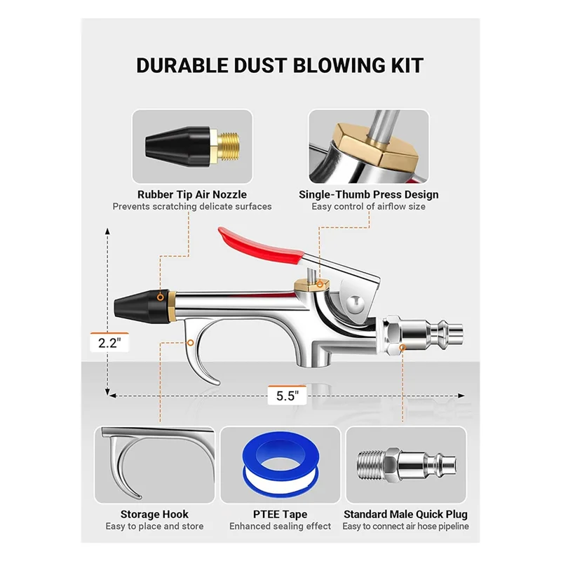 CHCH Air Blow Gun Set Featuring Two-Way Air Nozzle, 1/4-Inch Design For Efficient For Dust Removal And Inflation