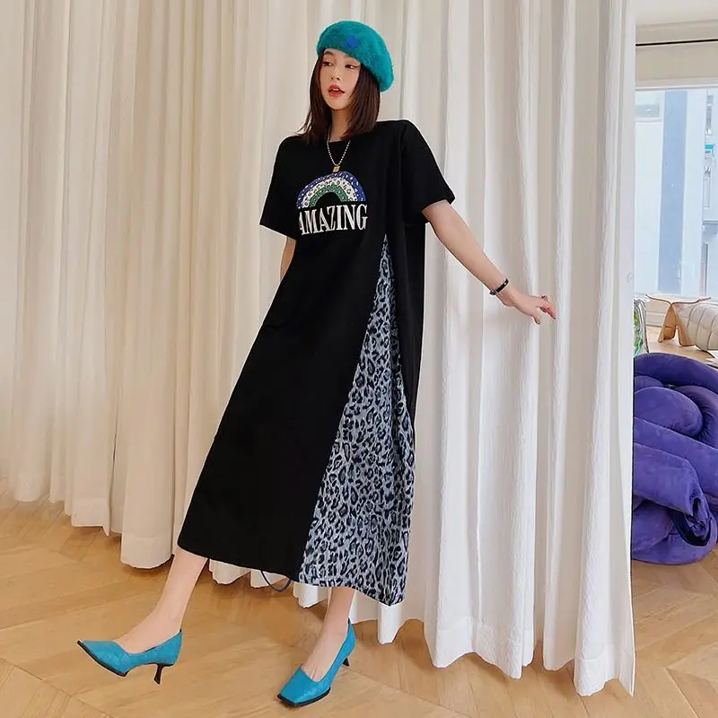 T-shirt femme grande taille Maxi Dr imprimé léopard coupe ample ort Sve rond Ne A-Line Silhouette été Faion coréen...