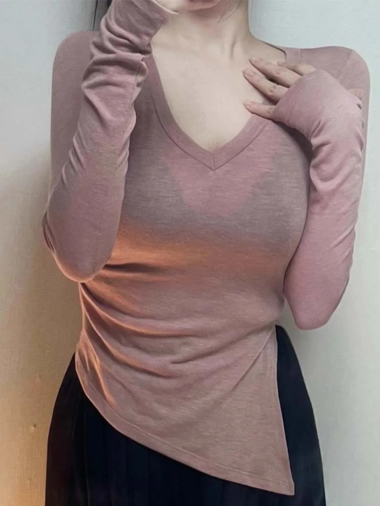 Koszulki z długim rękawem Sexy Deep V Neck Pink Top Asymmetrail Koszulki damskie Basic Slim Tops Woman 2024 T Shirts Odzież damska