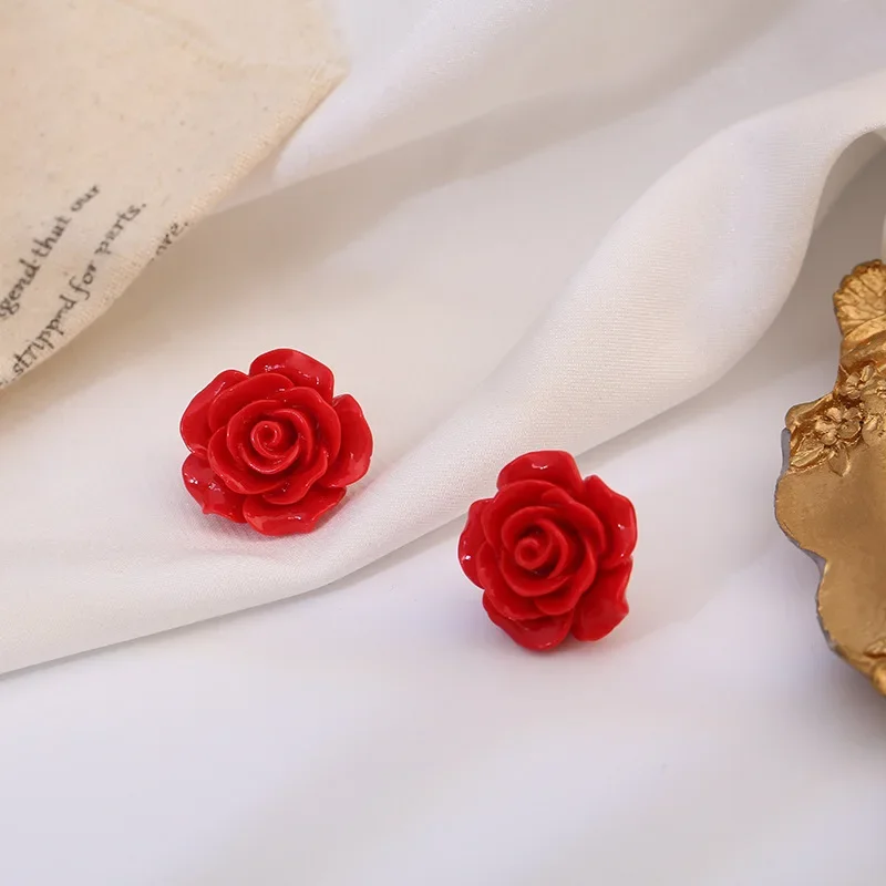 Sweet Cute Simple Resin Rose Flower Stud Earrings for Women Girls Valentine Day Gift Wedding Brides Jewelry Korean Earring