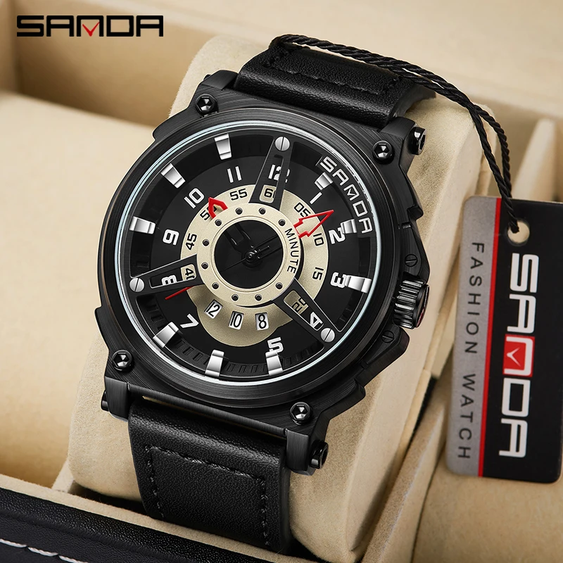 

SANDA P5013 Men's Hollow Large Dial Watch Fashion Creative Steering Wheel Quartz Watch Calendar Display 30 meter Waterproof