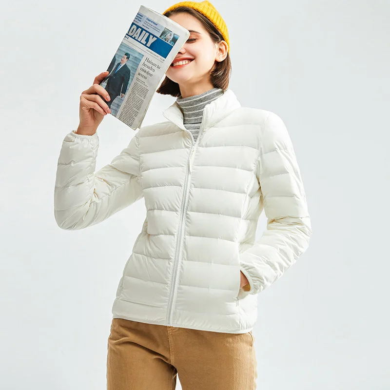 2022 Schinteon Siêu Mỏng Xuống Áo Khoác 90% Vịt Trắng Phối Kéo Xuống Giày Lười Khoác Ngoài Với Cổ Áo Đứng Chất Lượng Cao