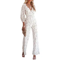 Autumn and winter women explosions nine-point sleeve V-neck slim lace jumpsuit