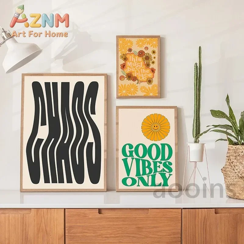 Trendy Decor Funky Wall Art Canvas Painting Retro70s Art Print Good Vibes Only Poster Groovy Aesthetic Room Decoration Pictures