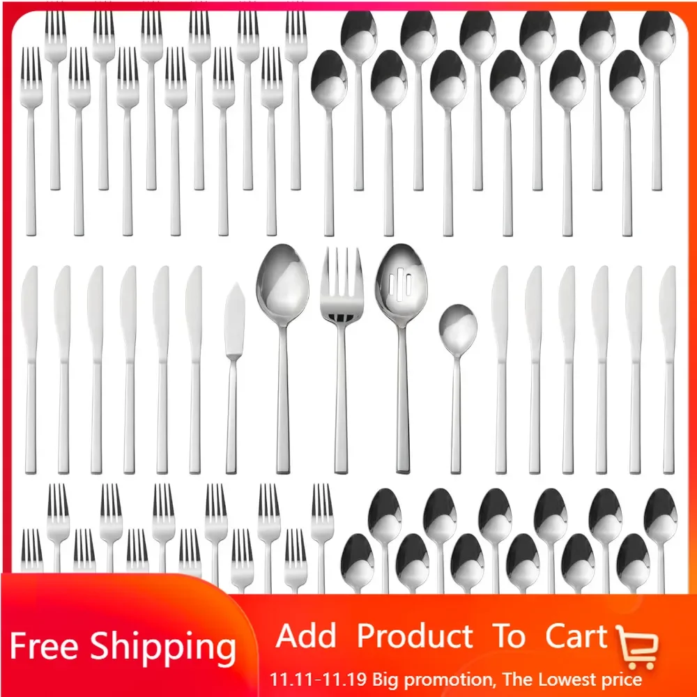 Cube 65-Piece Forged Stainless Steel Flatware Set Cutlery Set with Utensil-Serving Set, Silverware Set Service for 12, Mir