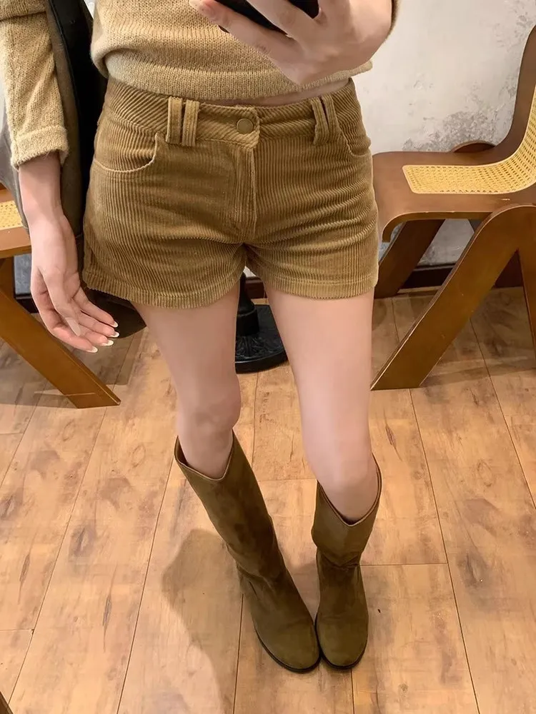 

High Waist Thickened Corduroy Shorts Women's Bootcut Pants Straight Leg Casual Trousers Autumn Fashion Korean Style Pockets