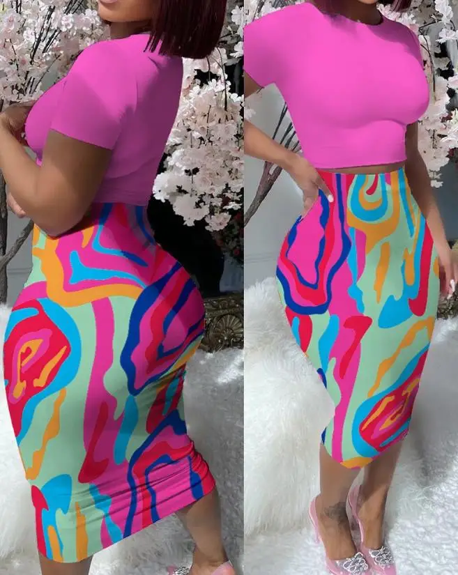 

Women's Dress Summer New Multi Colors Abstract Print Top & High Waist Skirt Set Slim Fit and Elegant Commuting Dress