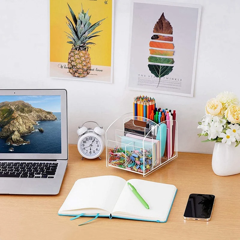 Acrylic Pen Holder For Desk, Desk Organizer Clear, 360 Degree Pencil Holder For Desk Kids, Rotating Organizer Rotating