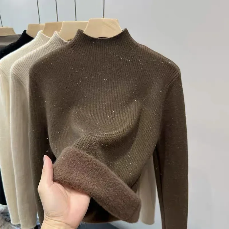 الخريف الشتاء سميكة لامعة الموضوع المتكاملة الصوف محبوك سترة نصف عالية طوق المرأة قاعدة دافئة قميص TrendyTop