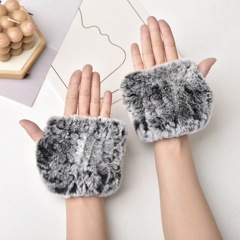 Women's Natural Rex Rabbit Fur Gloves Elastic Knitted Real Fur Mittens Winter Warm Wrist Guards with Exposed Fingers