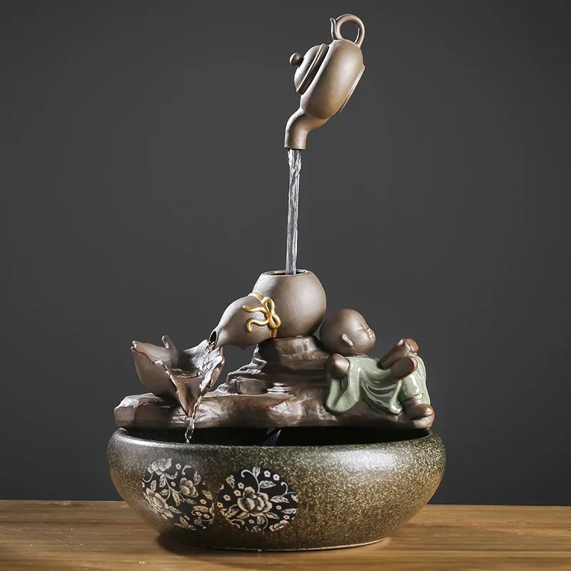 Creative ceramic running water fountain humidifier ornament lucky feng shui wheel living room office running water opening gift
