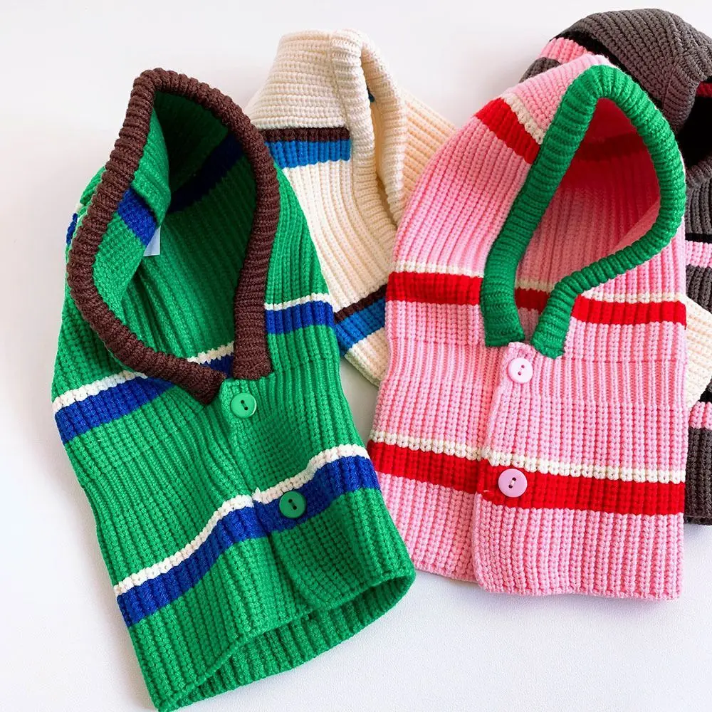 Children\'s color clashing striped raffa hat Korean fashionable baby wool hat scarf all-in-one windproof warm hat