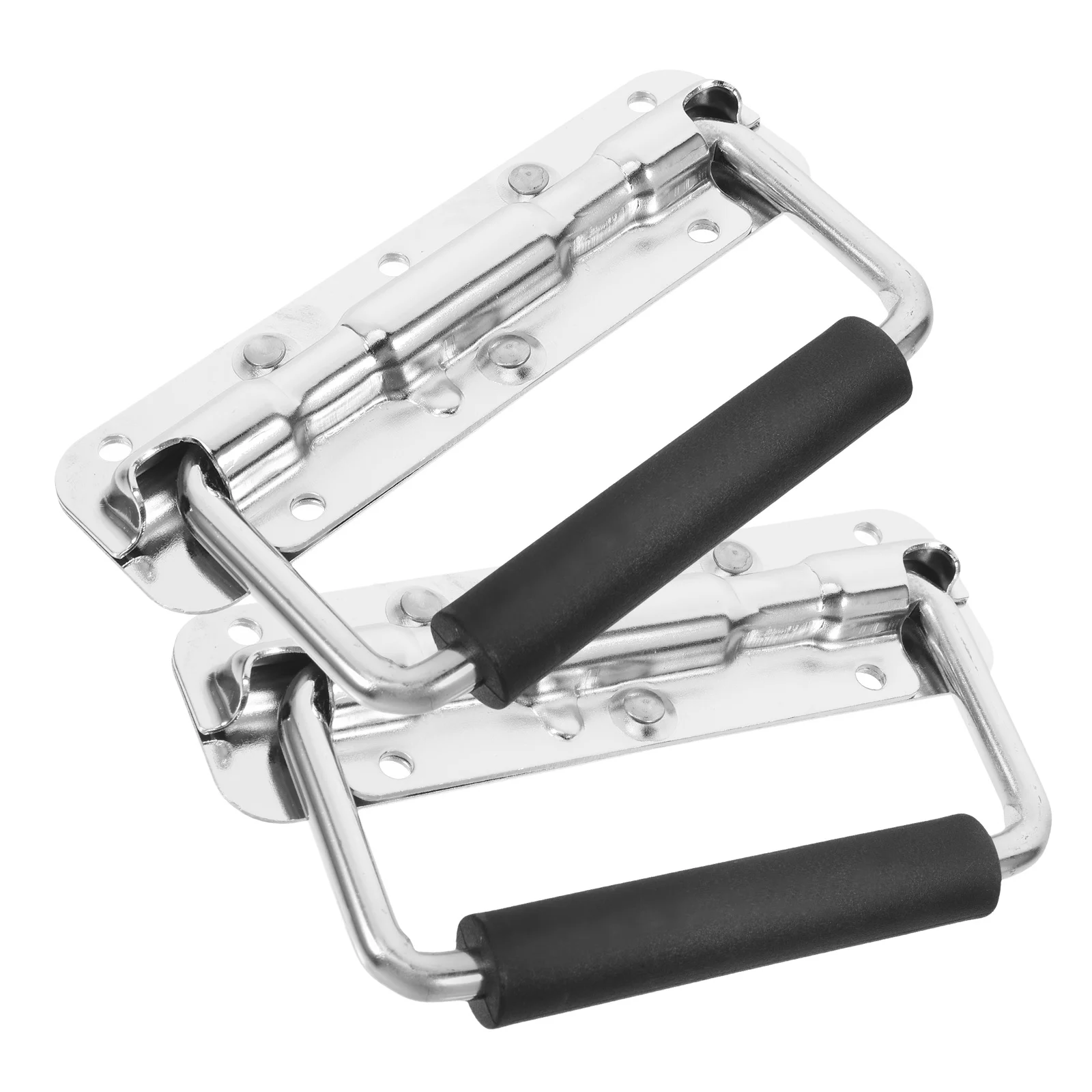 2pcs Folding Spring Loaded Handle Iron Box Chest Handle With Black Rubber Grip Sleeve 4 Holes For Storage Box Flight Case