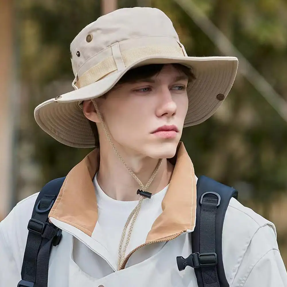 Summer Men Bucket Hat Outdoor UV Protection Wide Brim Panama Safari Hunting Hiking Mesh Fisherman Hat Beach Sunscreen Cap