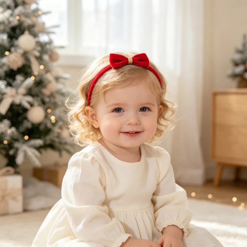2Pcs/set Baby Girls Christmas Headbands Soft Elastic Velvet Plaid Red Bow Hair Band for Newborn Baby Toddler Hair Accessories