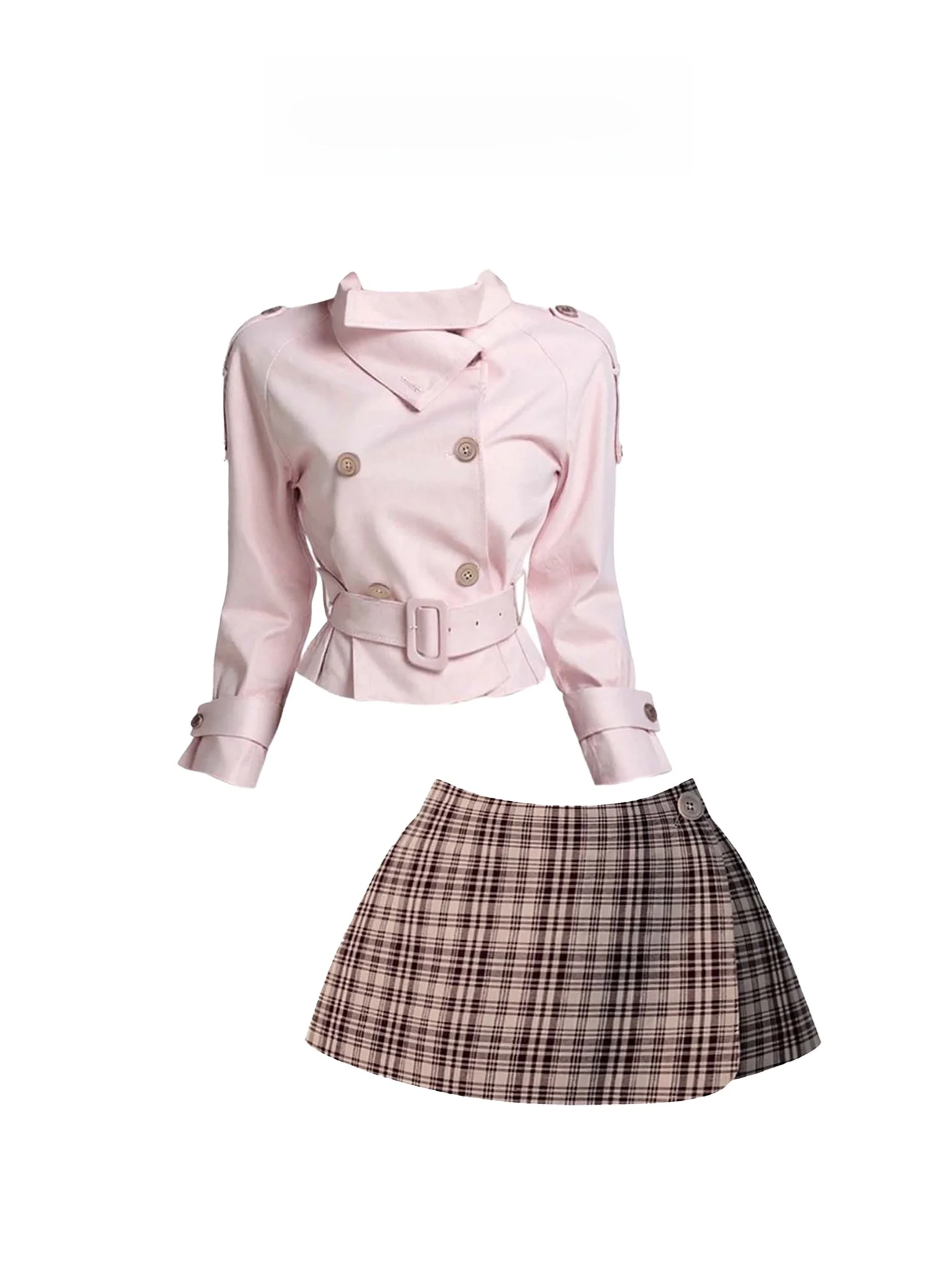 Heza Koreaanse Sle plus size herfstoutfit damesjas met dubbele rij knopen en geruite rok set hoge taille een lijnrok