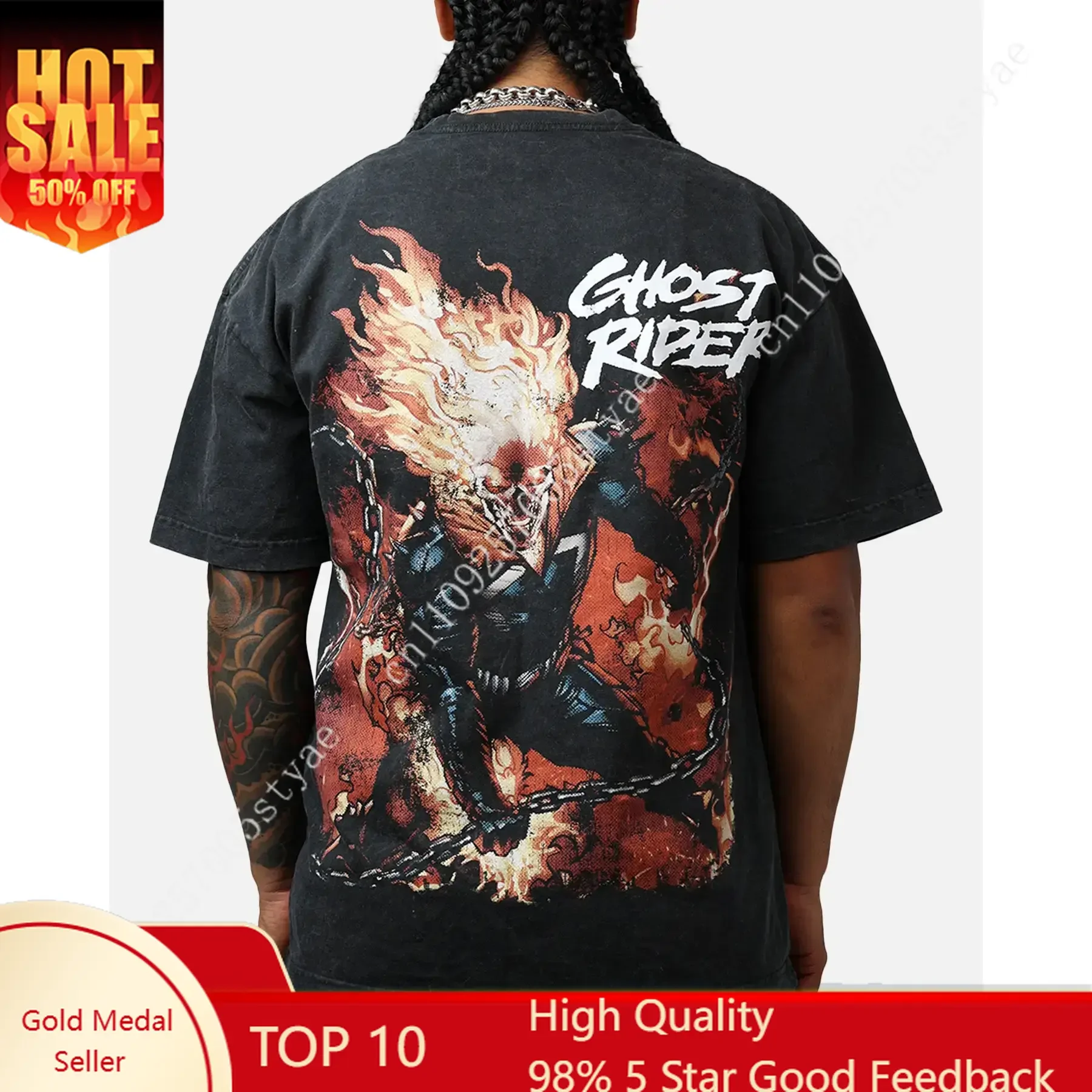 Marvel 73Studio Marvel Ghost Rider Fire Vintage T-Shirt Black Acidwash