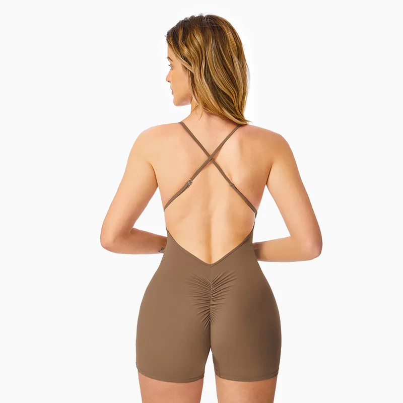 Backless Workout Romper Women GYM Scrunched Booty Sports Playsuit Cross Adjustable Strap Yoga Suit Jumpsuit