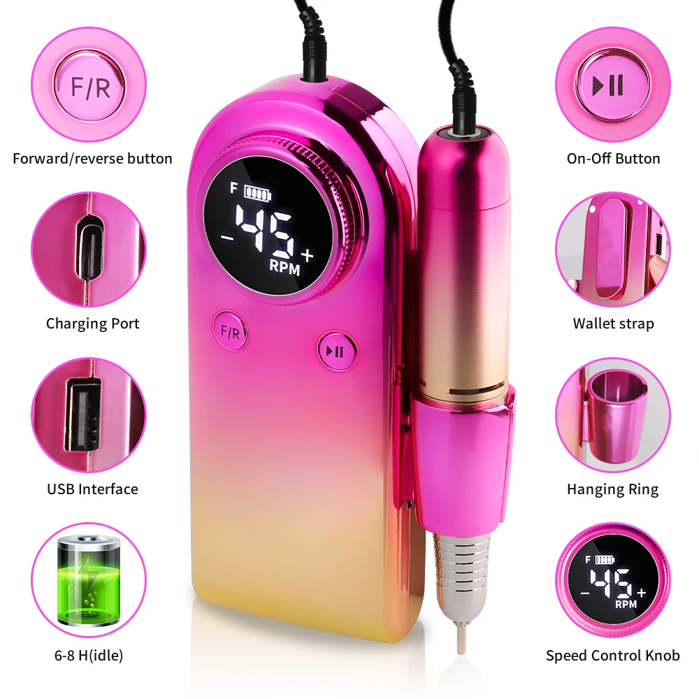 Nail Drill Machine Electric Portable Nail File Rechargeable Nail Grinder for Home Nail Salon Gel Nail Polish