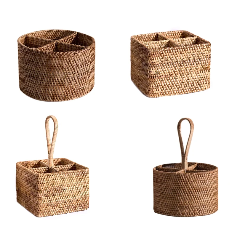 

Hand-Woven Wicker Straw Storage Basket Portable Four Compartment Classification Storage Fruit Basket Home Storage