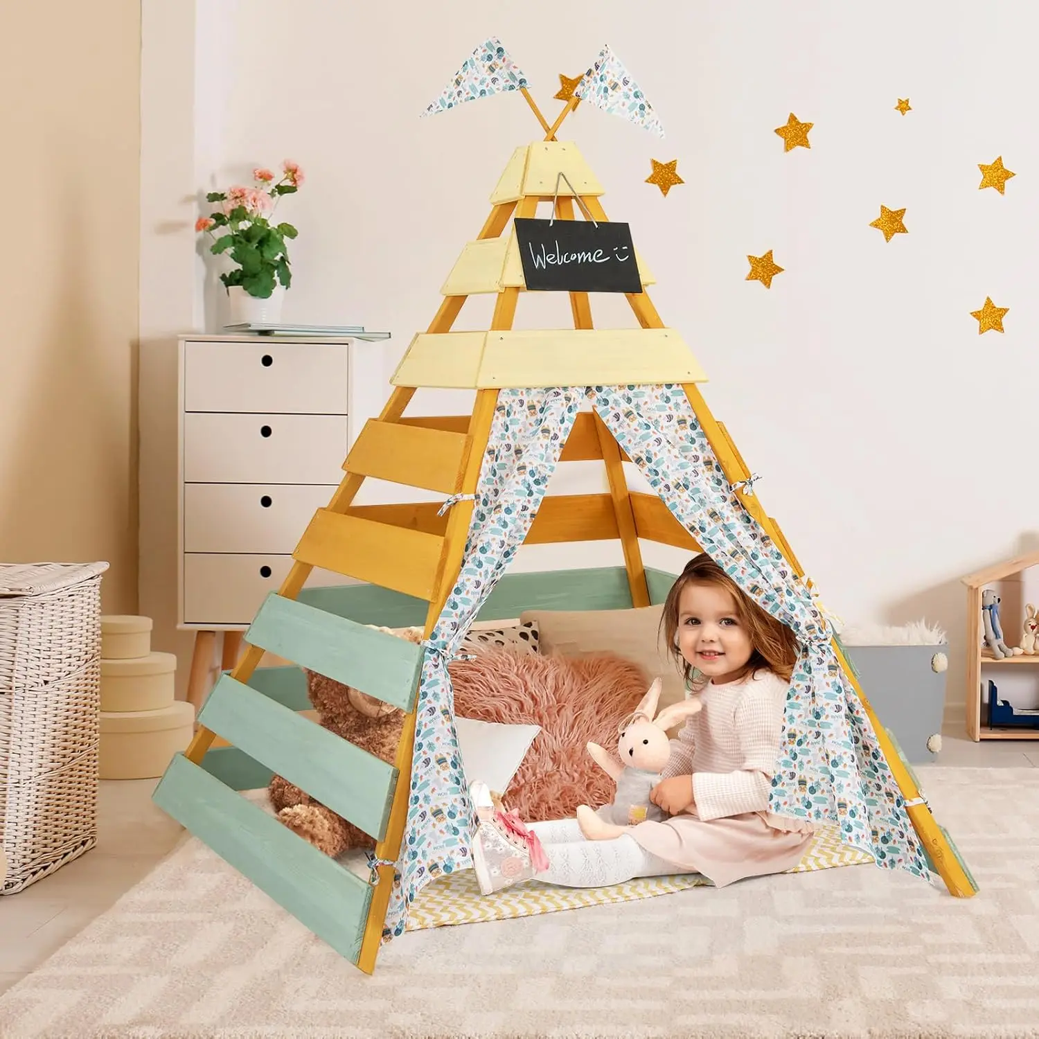 Barraca de tenda para crianças, barraca grande de brincar para crianças com estrutura de madeira de abeto, quadro removível e bandeiras, barraca interna e externa para crianças pequenas