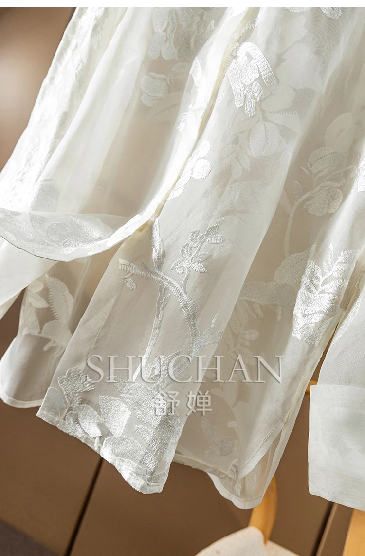 Light and Slightly Transparent Silk Organza Embroidered Sunshade Shirt Women Summer 2025 See Though
