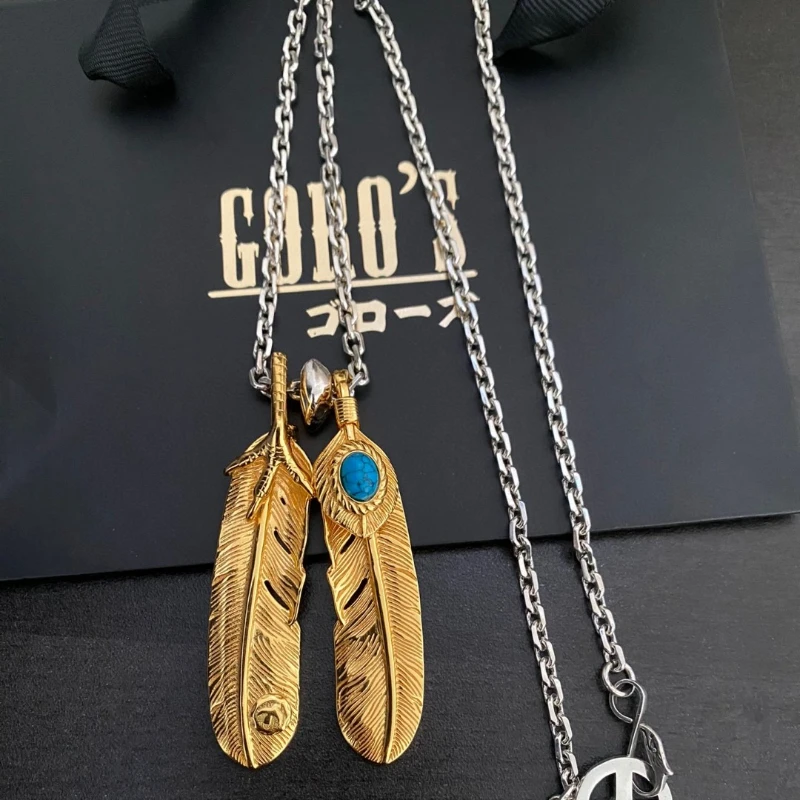 

Japan Tide Takahashi Goros Vintage Classic Turquoise Inlaid Gold Double Feather Pendant Necklace Versatile Couple Hip-hop Style
