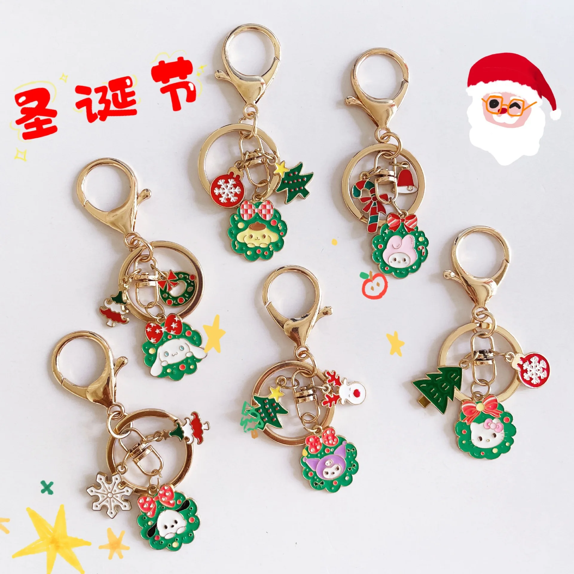 1 Set Christmas Anime Necklace Keychain Cute Cartoon HelloKittys My Melody Kuromi Cinnamoroll Backpack Pendant Decorative Gifts