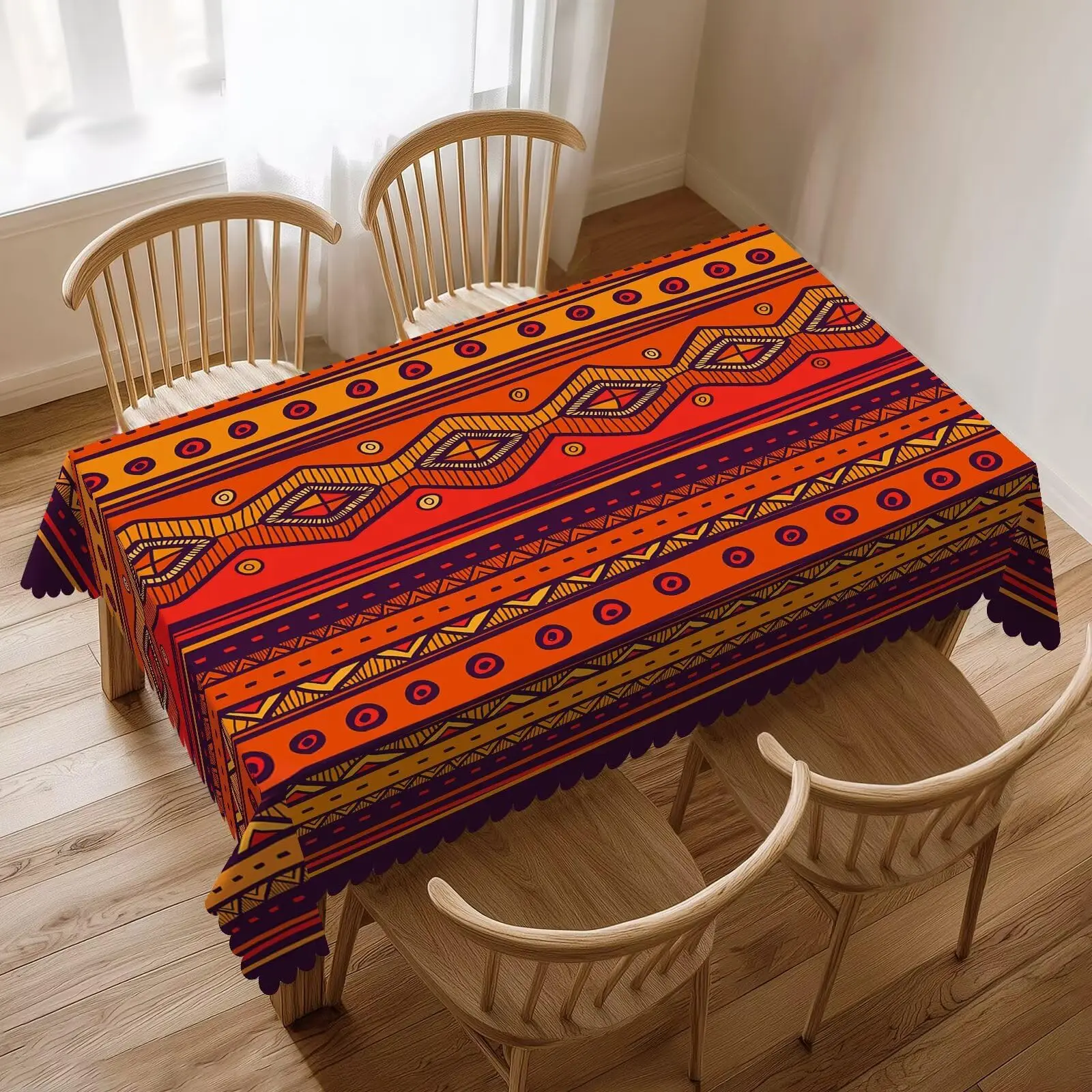Nappe ethnique orange abstraite à motifs tribaux, motif gribouillé orange prune, nappe rectangulaire pour fête