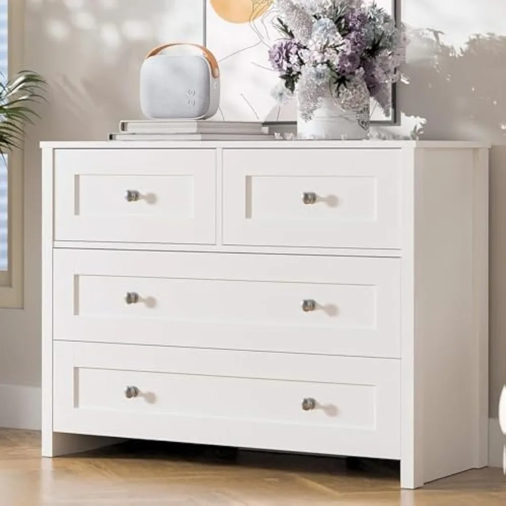 

White Dresser for Bedroom with 4 Drawers, Modern Chest of Drawers with Wide Drawers, Wood Dresser for Hallway, Living Room, Clo