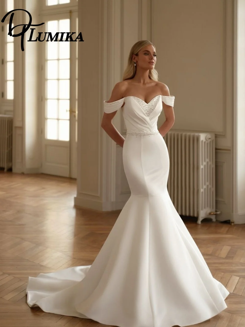 

Exquisite Mermaid Wedding Dress, Elegant Off-the-shoulder Bridal Gown, Graceful Applique Satin Floor-Length Wedding Gown