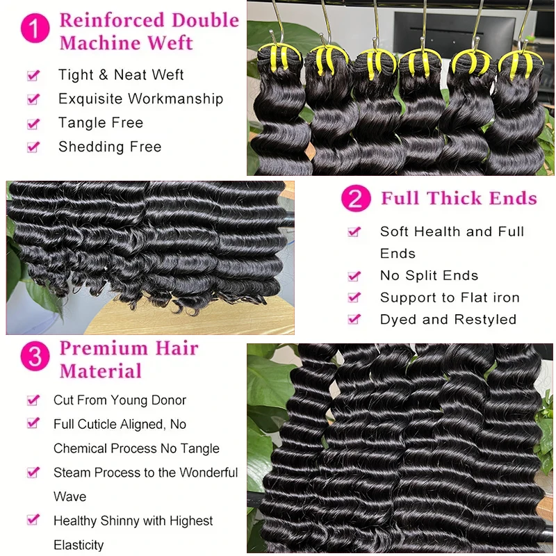 30인치 슈퍼 더블 드로운 딥 웨이브 생인모 번들, 미가공 버진 헤어, 곱슬머리 붙임머리 특가 # 1B