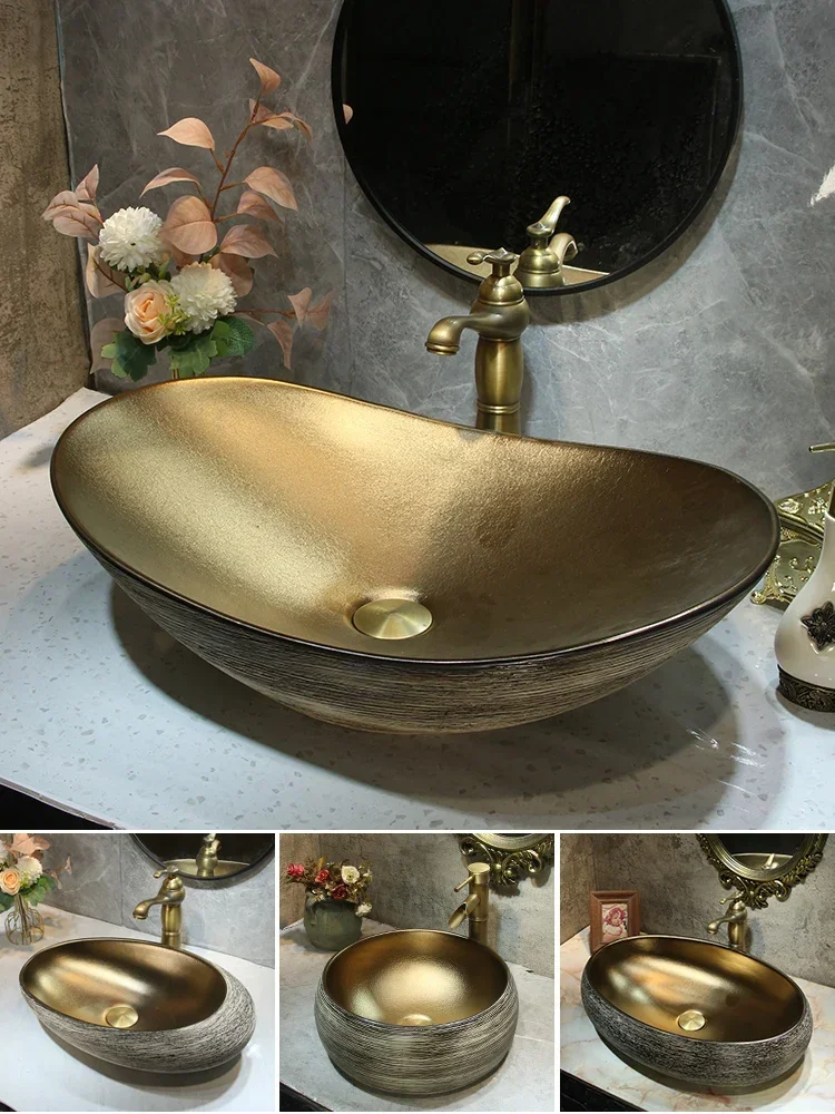 Golden Ingot Art Wash Basin Large Bathroom Washbasin Small Size Balcony Table Basin Ceramic European Style Basin