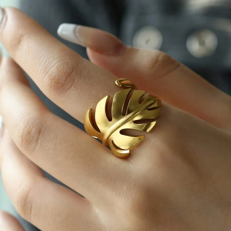 Geometric Banana Leaf Opening Rings For Women Gold Color Stainless Steel Waterproof Ring Daily Party All-Match Jewelry Gift