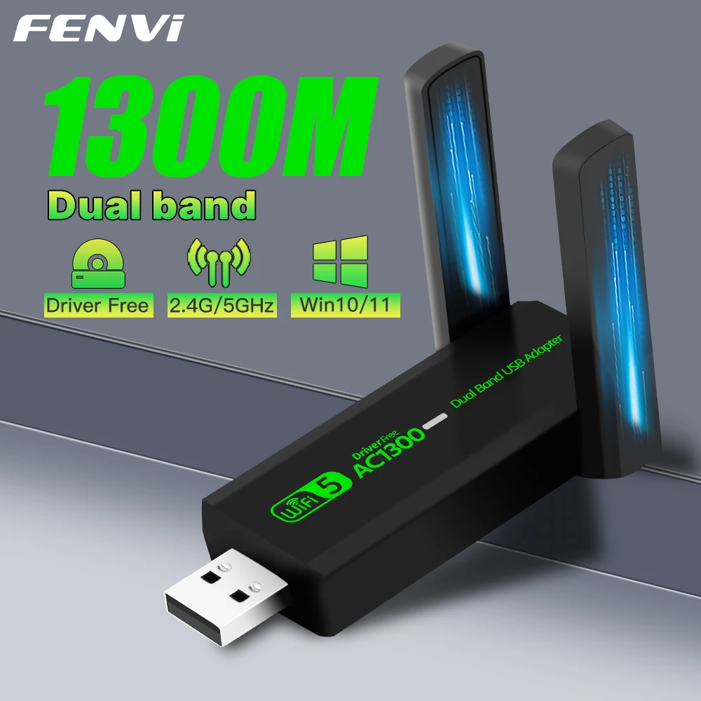 FENVI 1300Mbps WiFi USB Adapter Dual Band 2.4GHz/5GHz Wireless Dongle Signal Receiver External Antenna For PC/Laptop Win 7/10/11