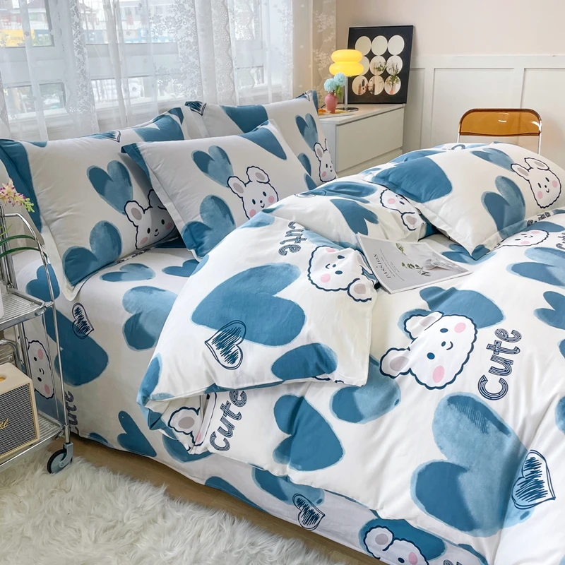 Rabbit Blue Heart Kids Duvet Cover Set 100% Cotton Bedding for Boys Girls Teens Cartoon Bunny Cute Comforter Cover 2 Pillowcase