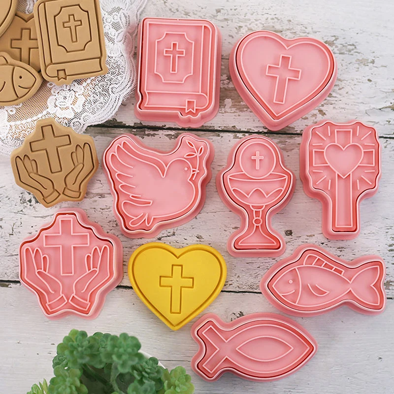 8Pcs Christian Communion Cookie Cutter Plastic 3D Cartoon Cross Love Fish Chalice Pressable Biscuit Stamps Mold Cake Decoration