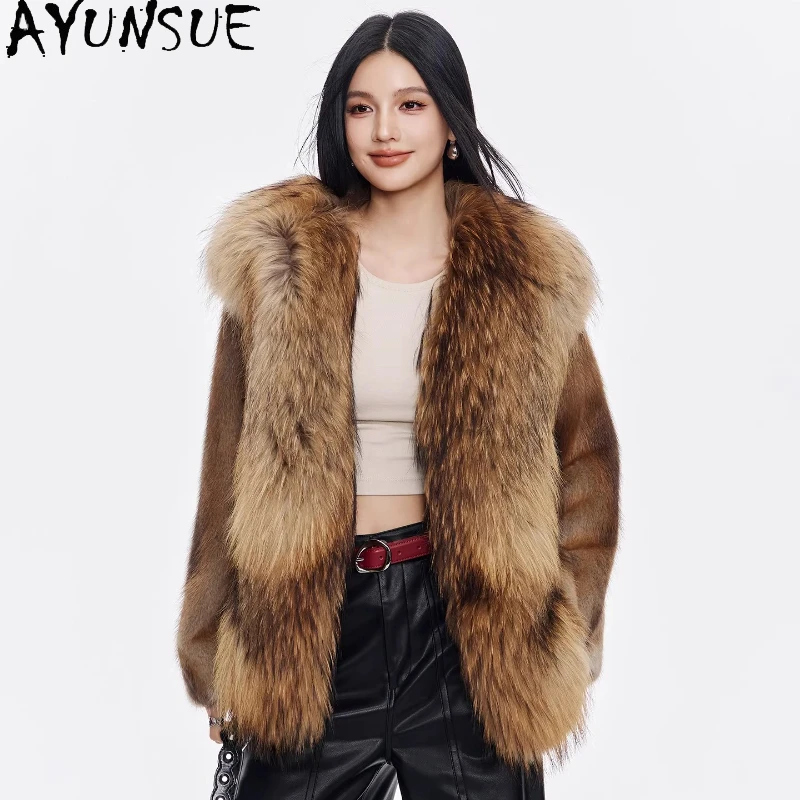 

AYUNSUE Muskrat Fur Coat Woman Winter Real Fur Jacket High Street Fur Coats Woman Short Luxury Woman Clothing Шуба Женская