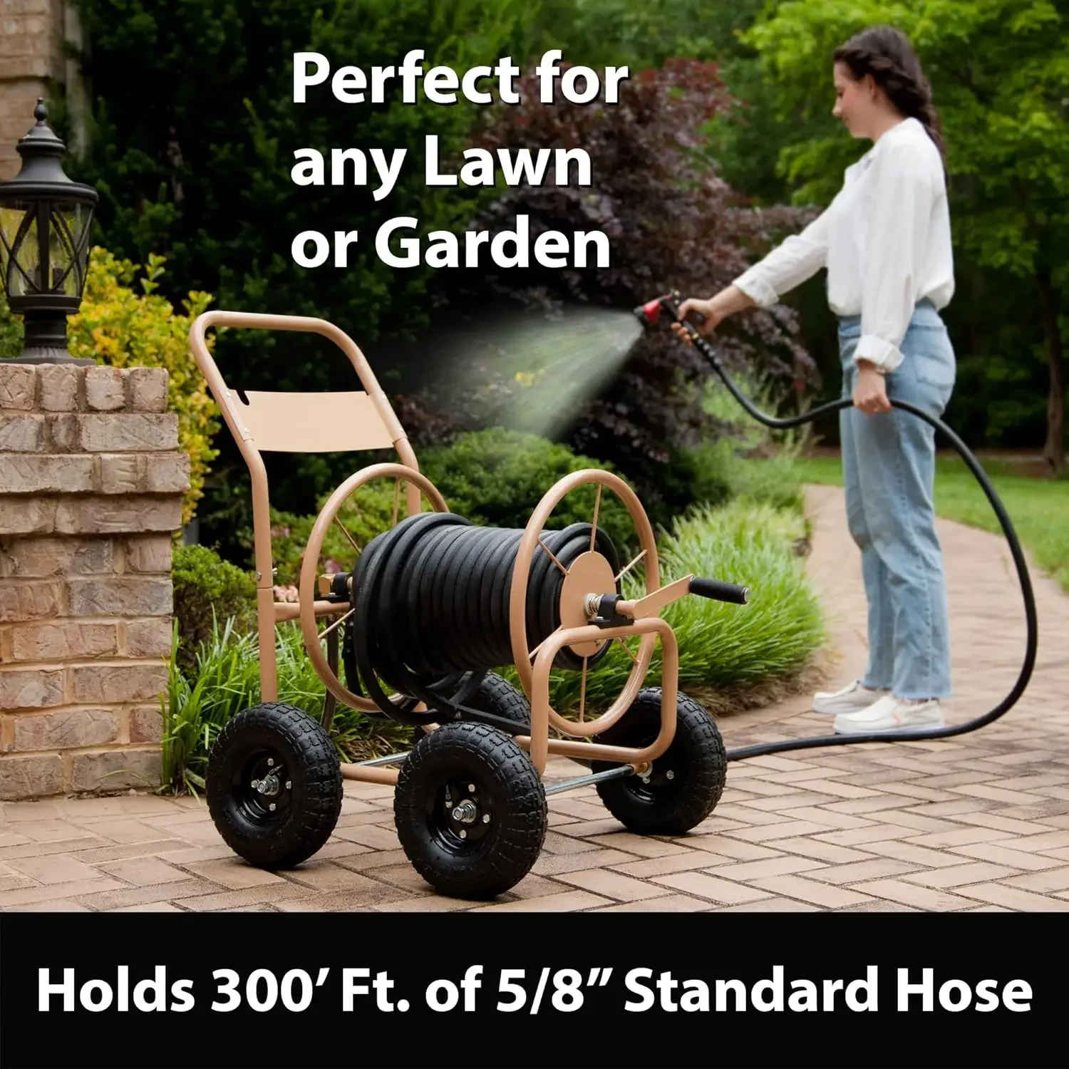 Industrial 4 Wheel 300 Foot of 0.625 Inch Hose Steel Frame Water Hose Reel Cart for Backyard, Garden, or Lawn, Beige