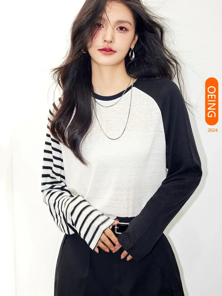 

Striped Spliced Raglan Sleeves Thin Long Sleeved T-shirt 2024 Spring Summer Streetwear Y2k Loose Women Tops Tees Shirts B3190