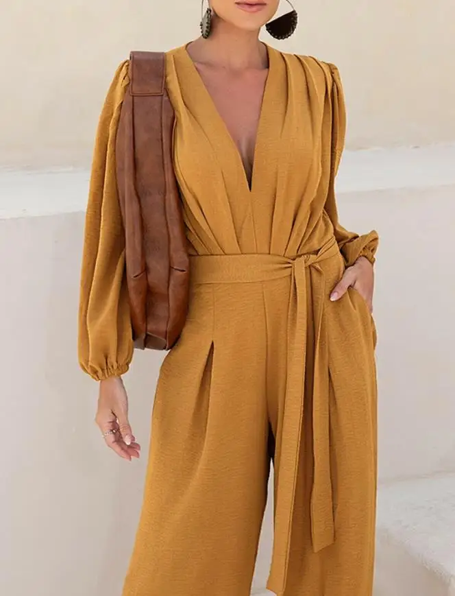 Women Long Jumpsuits Puff Sleeve Plunge V Neck Waist Tied Detai Jumpsuit Female Casual Ruched Textured Loose Romper with Pockets
