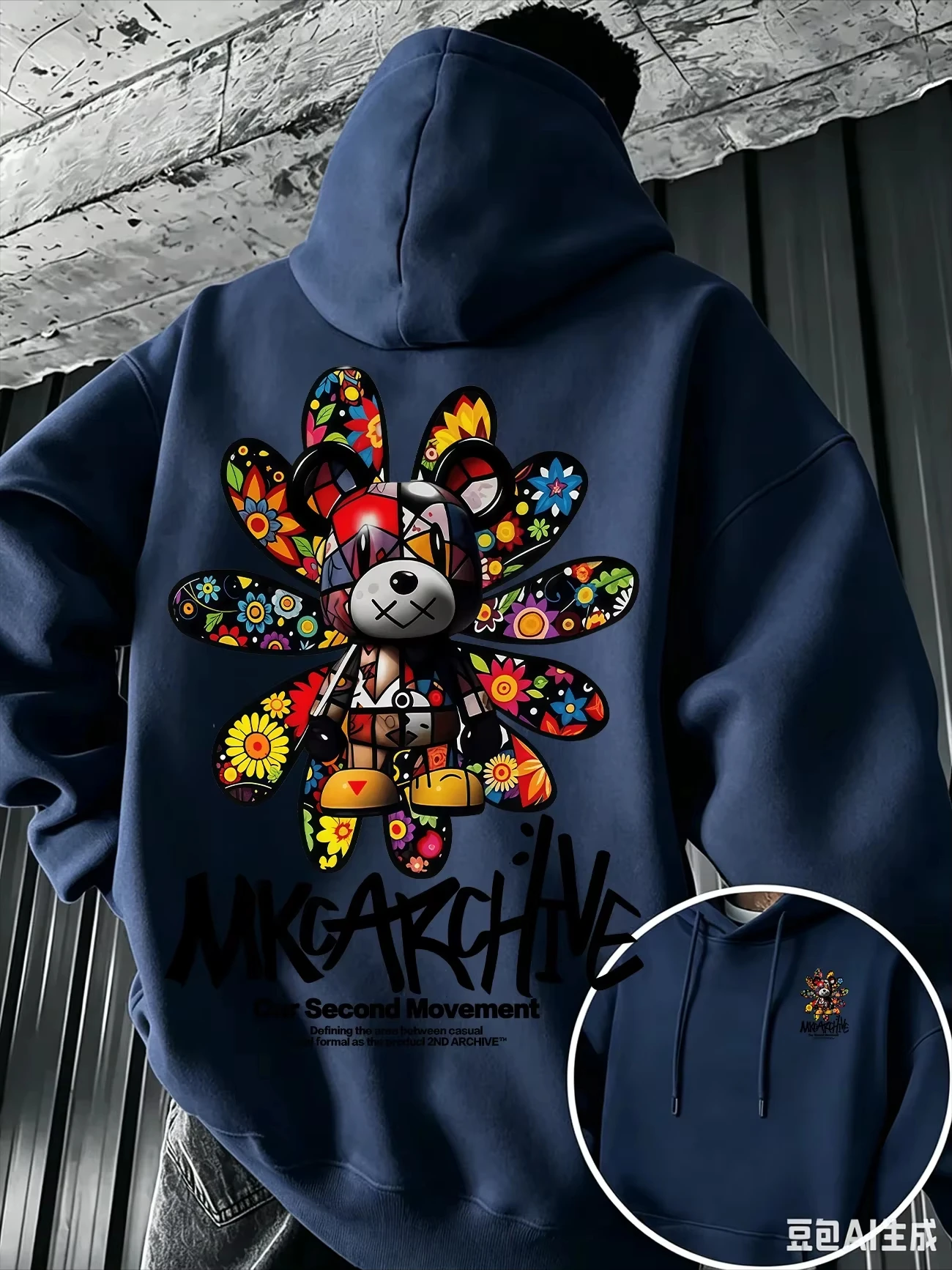 Herren-Freizeit-Sweatshirt mit Kapuze, bunter Pullover mit Blumen- und Bären-Graffiti-Print, warmes, lockeres Streetwear-Oberteil für Herbst und Winter, ideal für den Außenbereich. – Detail 13